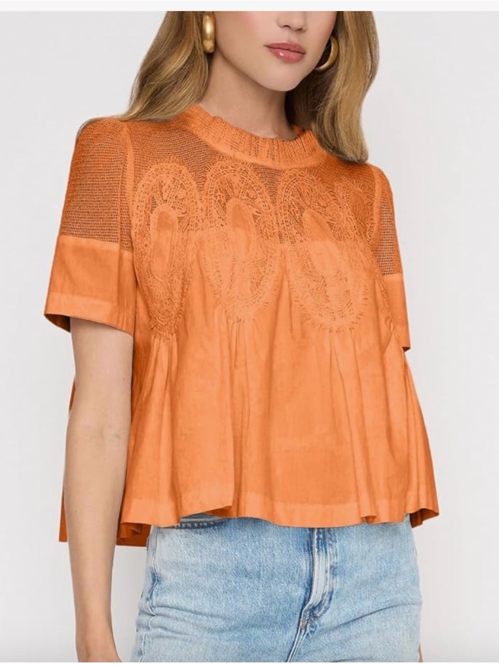 Amazon Orange Lace Yoke Short Sleeve Blouse